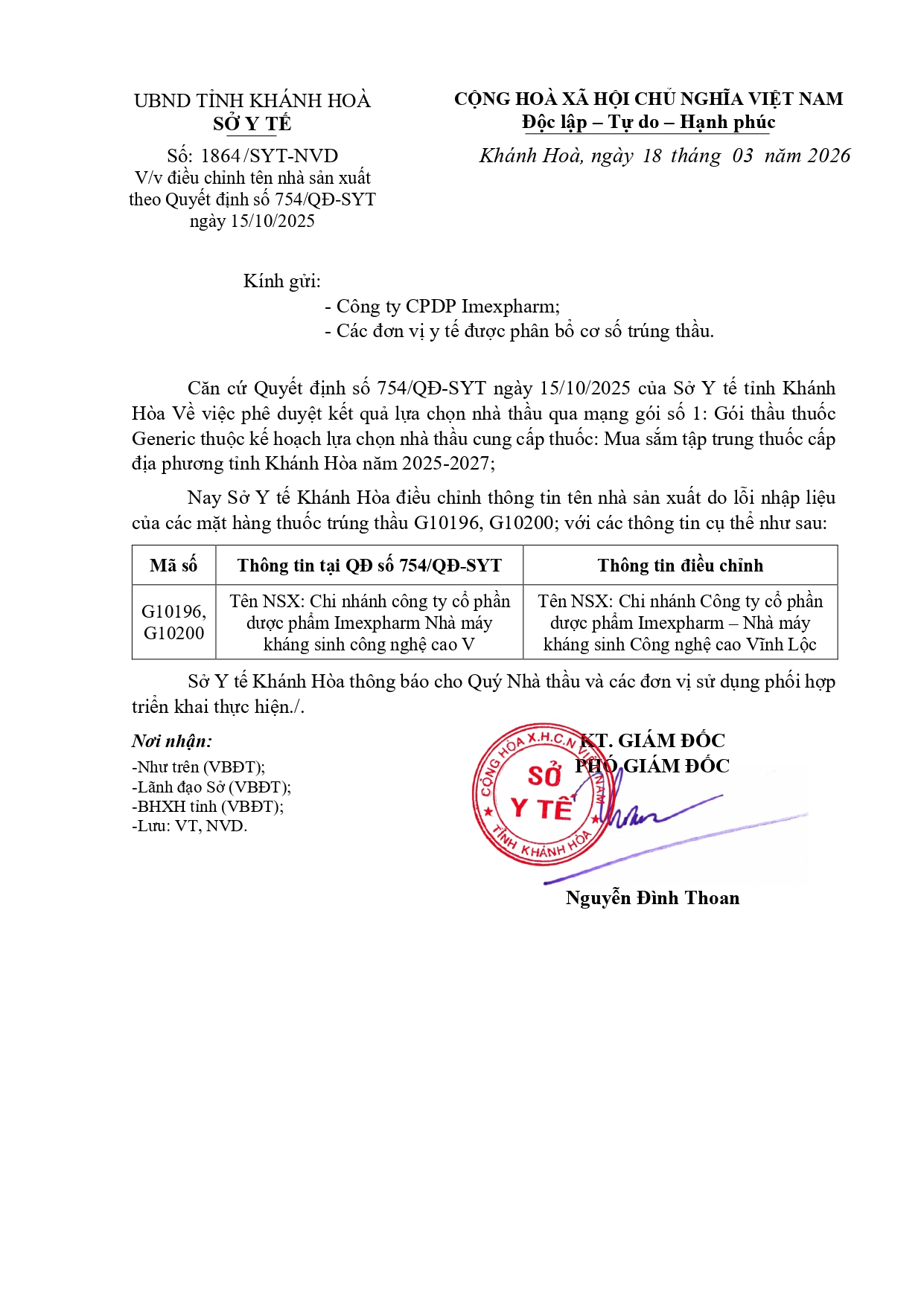 V/v điều chỉnh tên nhà sản xuất theo Quyết định số 754/QĐ-SYT ngày 15/10/2025